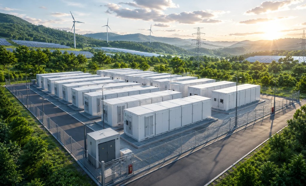 系統用蓄電所の屋外設備と蓄電コンテナ